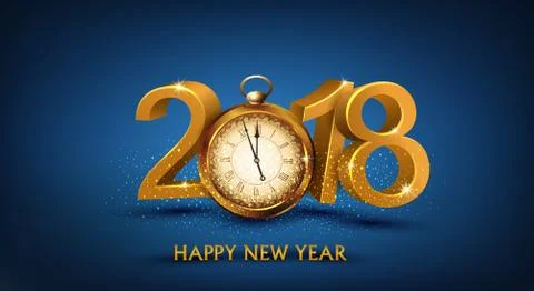 Vector illustration. 3d gold digits 2018, with an gold old clock instead of z Illustrazione stock
