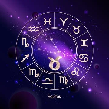 Vector illustration of 3D sign and constellation TAURUS with Horoscope circle Stock Illustration
