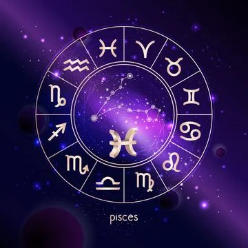 Vector illustration of 3D sign and constellation PISCES with Horoscope circle Stock Illustration
