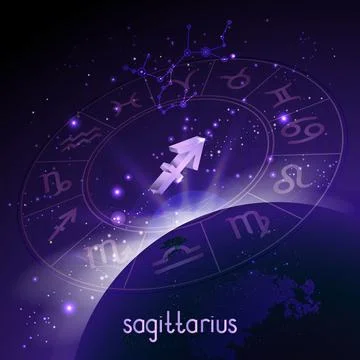 Vector illustration of 3D sign and constellation SAGITTARIUS with Horoscope c Stock Illustration