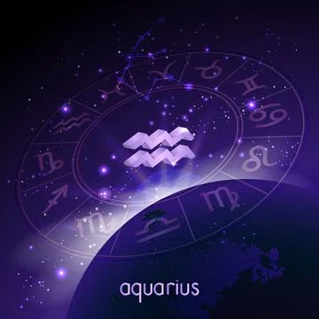 Vector illustration of 3D sign and constellation AQUARIUS with Horoscope circ Stock Illustration