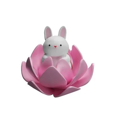 Vector illustration 3D white rabbit sitting in a lotus, embodying the traditions Stock Illustration