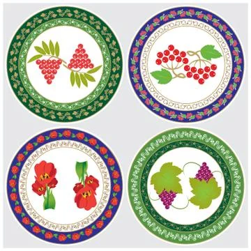 Vector illustration. 4 circular decorative designs with drawings in the center Stock Illustration