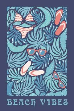 Vector illustration with abstract exotic plants, beach attributes and lette.. Stock Illustration