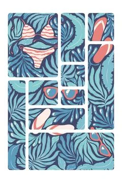 Vector illustration with abstract exotic plants, beach attributes compositi.. Stock Illustration