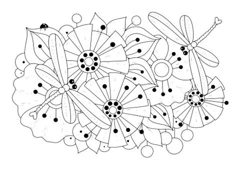 Vector illustration with abstract flowers ladybug and dragonflies.  Stock Illustration