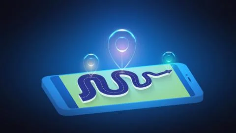 Vector illustration of an abstract luminous marker on a road route on a mobile Illustrazione stock