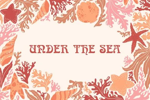 Vector illustration with abstract ocean plants, seashells, sea stars, coral.. Stock Illustration