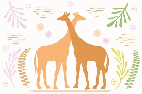 Vector illustration of an abstract plant background and two giraffes Stock Illustration