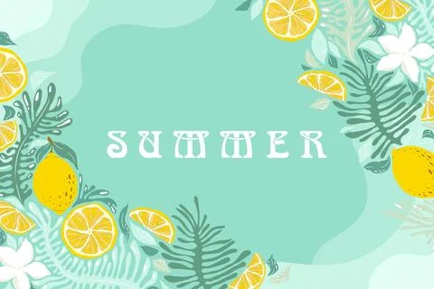 Vector illustration with abstract plants frame, exotic flowers, lemons and .. Stock Illustration