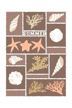 Vector illustration with abstract summer beach stamp prints in pastel color.. Stock Illustration