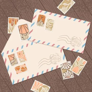 Vector illustration with abstract vintage post stamps and envelopes isolate.. Illustrazione stock