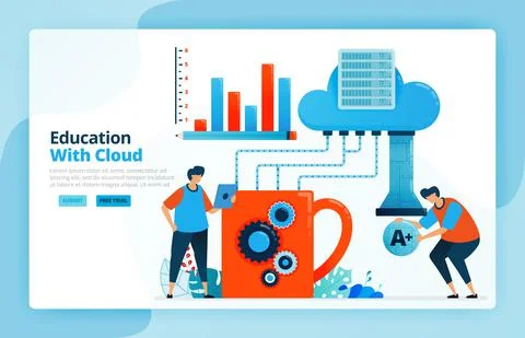 Vector illustration of activities from learning using cloud computing system. Stock Illustration
