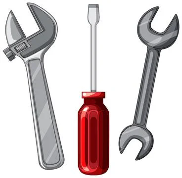 Vector Illustration of Adjustable Wrench, Screwdriver, and Open-End Wrench Stock Illustration