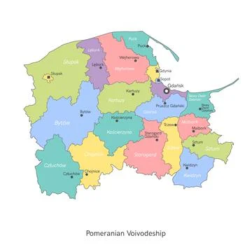 Vector illustration: administrative map of Poland. Pomeranian Voivodeship map Stock Illustration