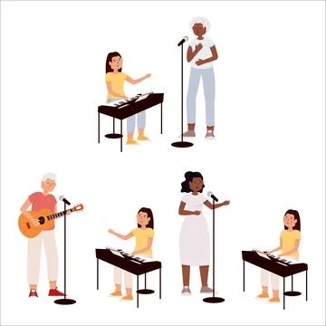 Vector illustration of adults of different races and ages learning to sing... Stock Illustration