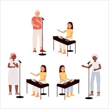 Vector illustration of adults of different races and ages learning to sing... Stock Illustration