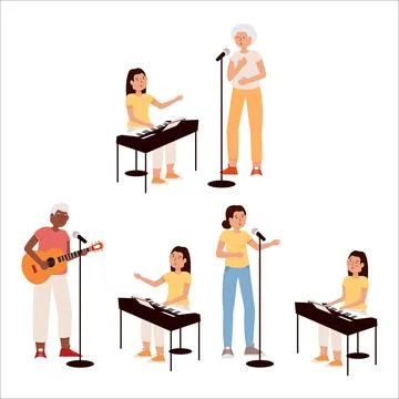 Vector illustration of adults of different races and ages learning to sing... Stock Illustration