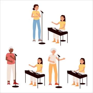 Vector illustration of adults of different races and ages learning to sing... Stock Illustration
