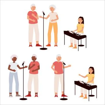 Vector illustration of adults of different races and ages learning to sing... Stock Illustration