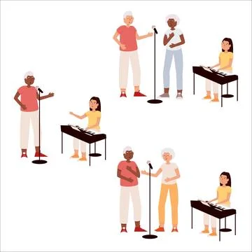 Vector illustration of adults of different races and ages learning to sing... Stock Illustration