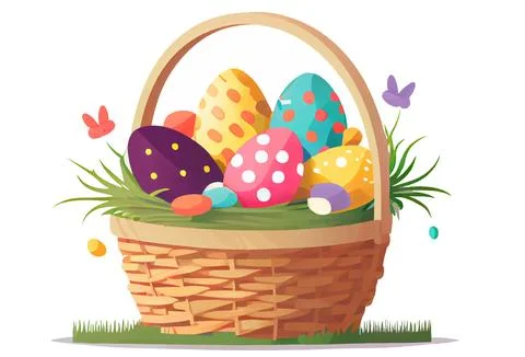 Vector illustration of aester colorful eggs inside wicker basket isolation on Stock Illustration