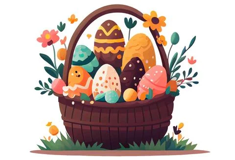 Vector illustration of aester colorful eggs inside wicker basket isolation on Stock Illustration