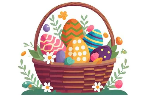 Vector illustration of aester colorful eggs inside wicker basket isolation on Stock Illustration