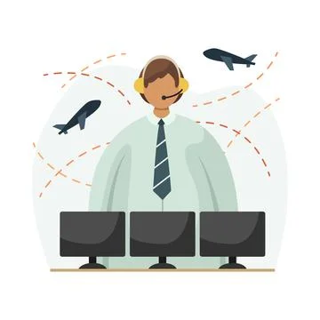Vector illustration of an air traffic controller with a headset on his head i 스톡 일러스트