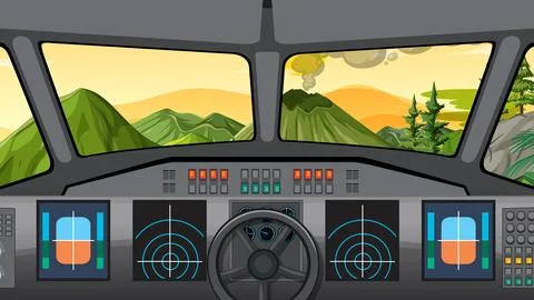 Vector Illustration of Airplane Cockpit Flying Over Green Mountain Landscape Stock Illustration