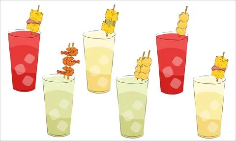 Vector illustration of alcoholic drinks with snacks on top Stock Illustration