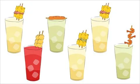 Vector illustration of alcoholic drinks with snacks on top Stock Illustration