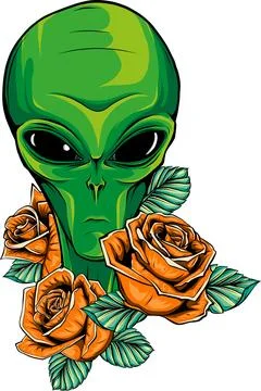 Vector illustration of Alien head and red roses flowers. Stock Illustration