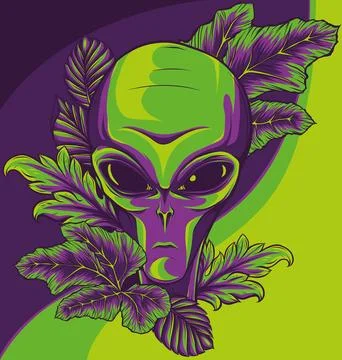 Vector illustration of Alien head with leaveson white background Stock Illustration