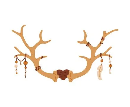 Vector illustration of a amulet depicting deer antlers decorated with feathers Stock Illustration