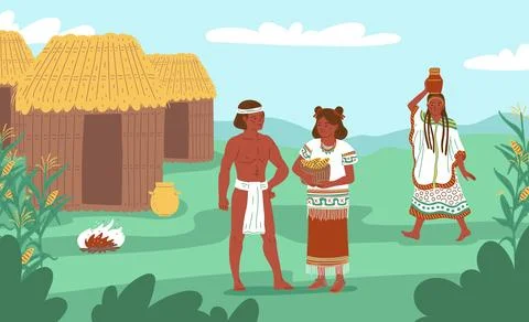 Vector illustration of ancient Mayan or Aztec village with characters and huts. 스톡 일러스트