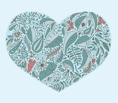 Vector illustration and pattern with plants, leaves, mushrooms and insects. Stock Illustration