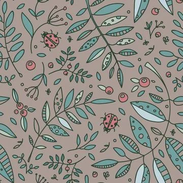 Vector illustration and pattern with plants, leaves, berries and insects. 스톡 일러스트
