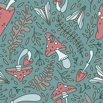Vector illustration and pattern with plants, leaves, berries and insects. Stockillustratie