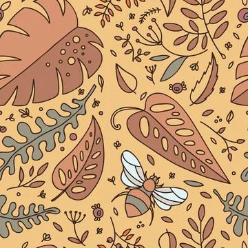Vector illustration and pattern with plants, leaves, berries and insects. Stock Illustration