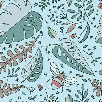 Vector illustration and pattern with plants, leaves, berries and insects. 스톡 일러스트