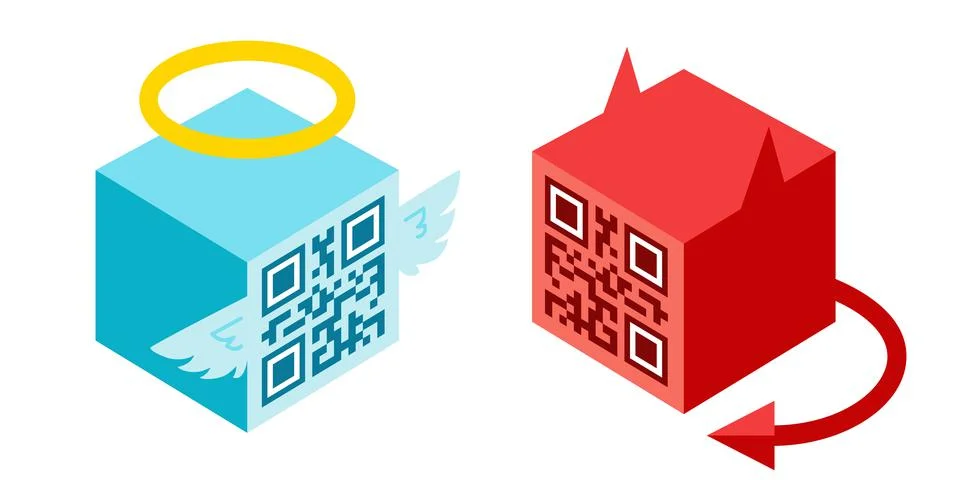 Vector illustration of a angel and devil in isometric style with QR code face Stock Illustration