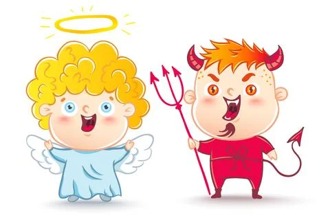 Vector illustration of Angel and devil. Good and bad. Children are in costu.. 스톡 일러스트