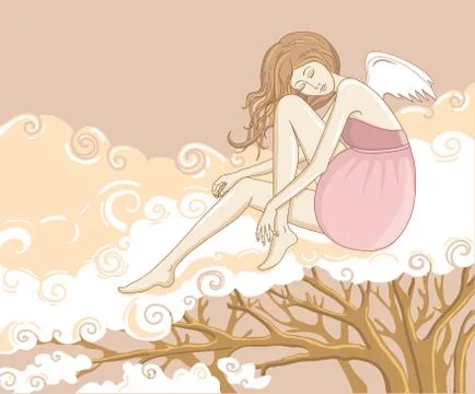 Vector illustration of angel sitting on the clouds Stock Illustration