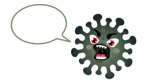 Vector illustration of an angry coronavirus with text bubble. Angry virus. Ve Stock-Illustration