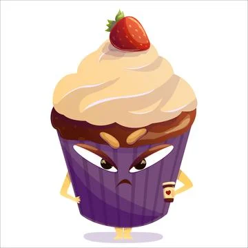 Vector illustration of an angry cupcake holding a coffee. Cupcake, character Stock Illustration