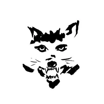 Vector illustration of angry wolf with grin. Simple grunge wolf portrait. Stock Illustration