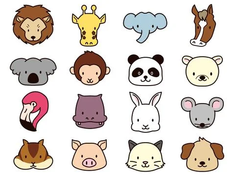 Vector illustration of animal faces. Cute cartoon style with outline. Stock Illustration