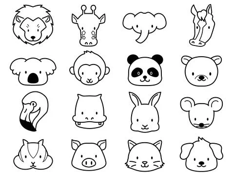 Vector illustration of animal faces. Cute cartoon style. white and black. Stock Illustration