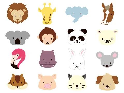 Vector illustration of animal faces. Cute cartoon style. flat taste without.. Illustrazione stock